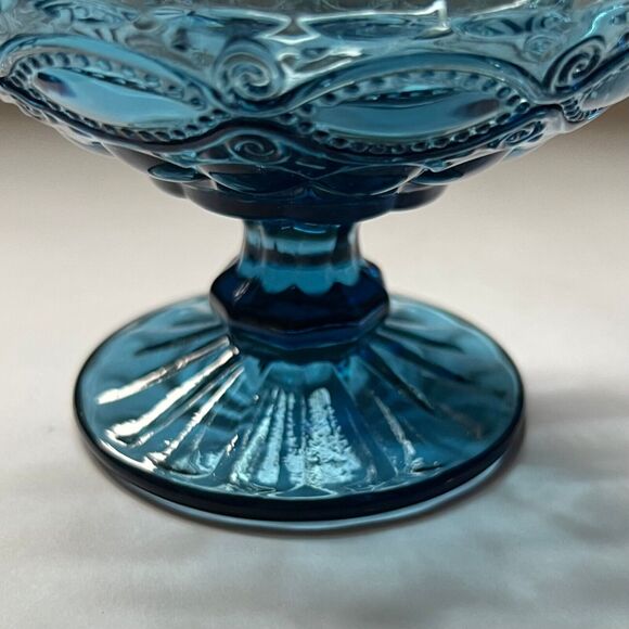 Vintage Embossed Blue Glass Pedestal Dessert, Ice Cream, Candy Dish - Picture 4 of 10